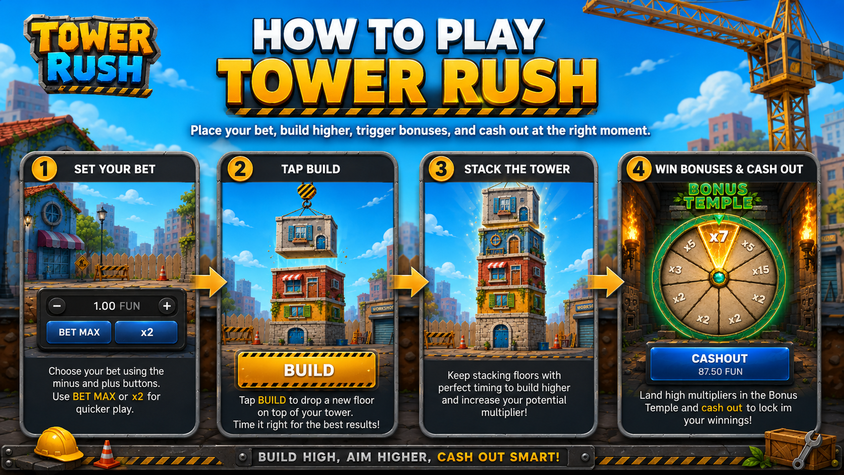 How to play the Tower Rush game in Canada - set a bet, press Build, then Cash Out